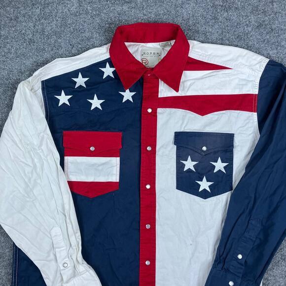 Roper Western Shirt Mens L USA Flag Stars Stripes Pearl Snap Long Sleeve Rodeo - Picture 1 of 9